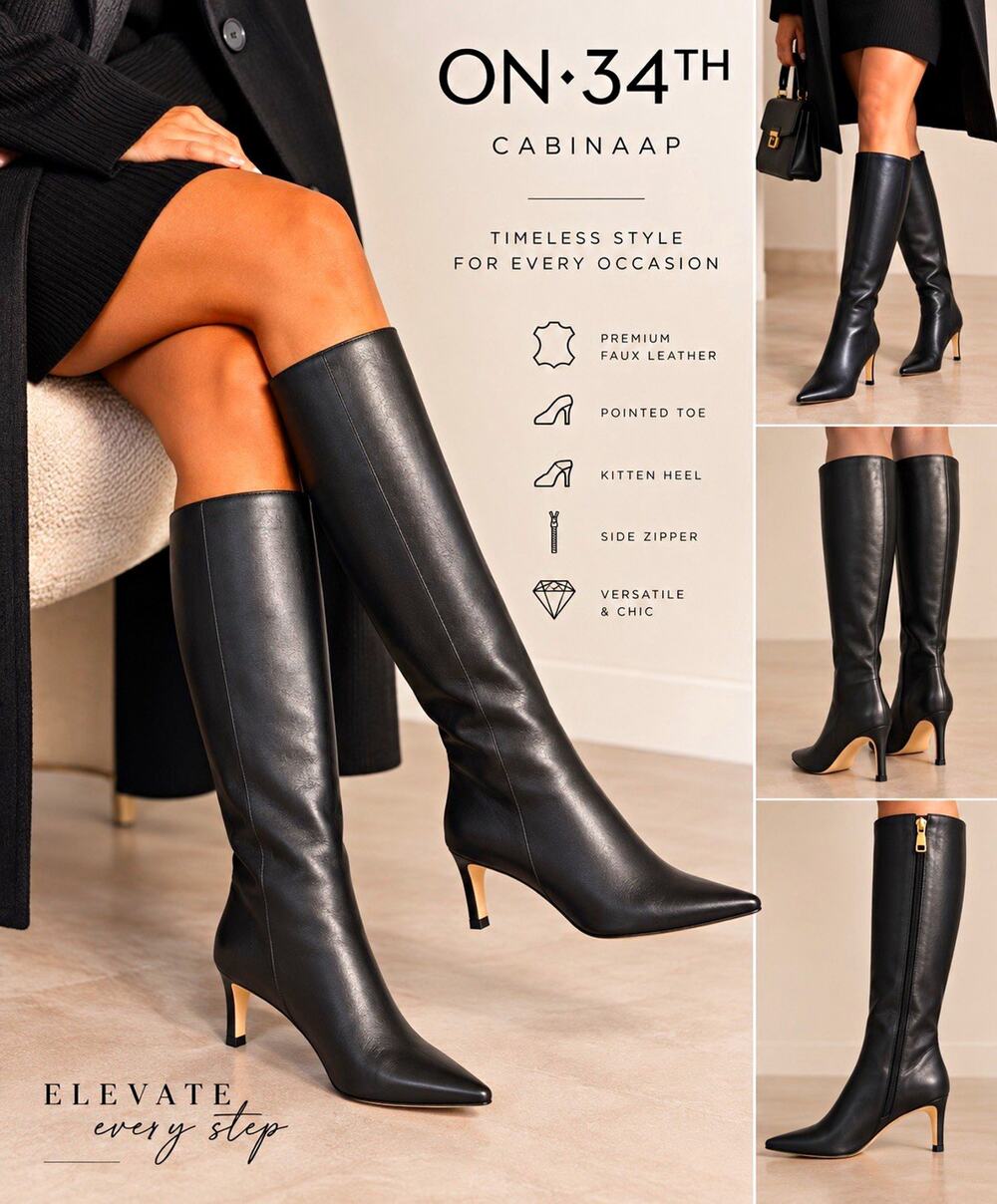 On 34th Cabinaap Black Knee High Boots Pointed Toe Faux Leather Side Zip 7.5M
